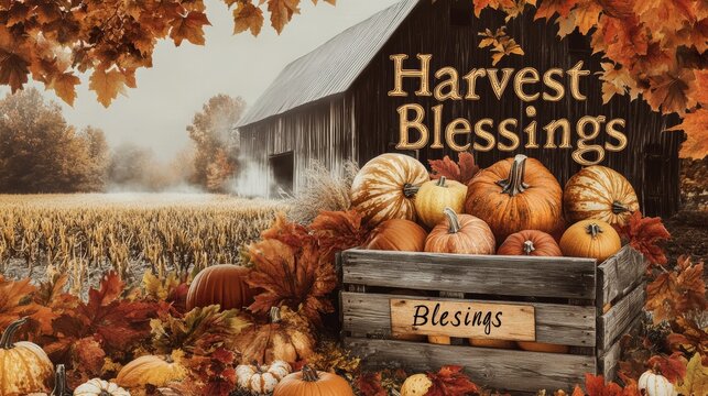 Autumn scene with pumpkins and a barn, celebrating harvest blessings.