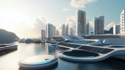 A futuristic cityscape featuring sleek, modern architecture by the water, reflecting sunlight with a backdrop of mountains and a serene sky.