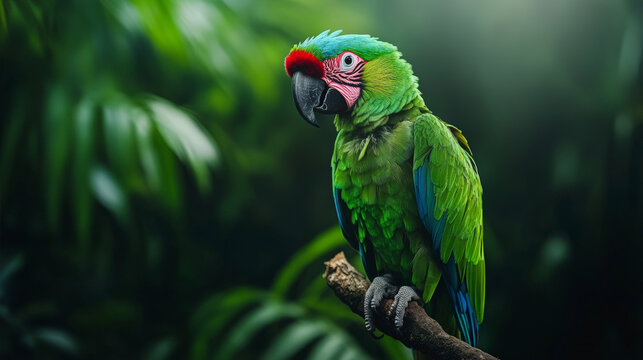A vibrant green parrot with a red forehead and blue wing tips perches on a branch in a lush tropical forest.