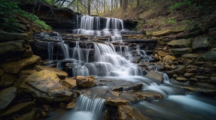 Fototapeta premium Waterfall flows over rocky surface in lush forest. Long exposure captures movement of water, trees, and leaves. Scene is serene, peaceful, and beautiful. Waterfall cascades down rocky terrain.