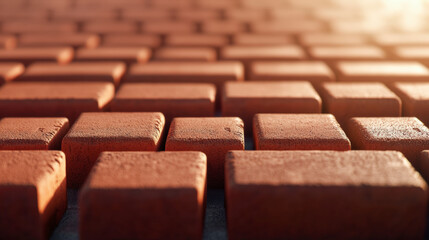 Close-up view of a brick pavement in warm sunlight, showcasing uniform, neatly arranged bricks...