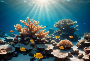 Obraz premium A vibrant underwater coral reef scene with colorful tropical fish swimming among the coral formations, with sunlight streaming down from the surface of the water