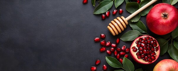 Red pomegranates, apples, green leaves and honey  on black background. Traditional symbols of  Rosh Hashanah. Jewish New Year holiday. Template for design. Flat lay, top view with copy space