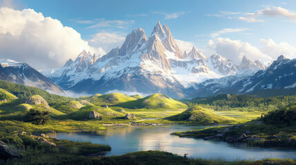 A serene landscape featuring a picturesque lake, lush green hills, and majestic snow-capped mountains under a bright, clear sky.