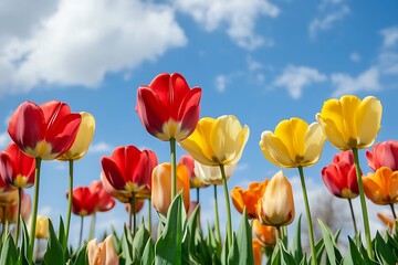 Colorful tulips blooming under a blue sky with white clouds