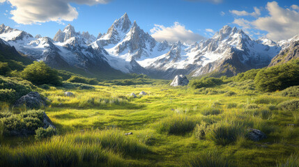 Snow-capped mountains rise majestically above a lush, green valley bathed in sunlight, surrounded by scattered rocks and dense foliage. It?s a picturesque landscape scene.