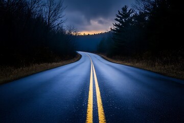Empty Road Leading Into Forest at Dusk with Dramatic Sky