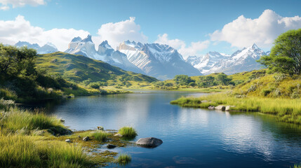 Serene mountain landscape with a clear, reflective lake surrounded by lush green hills and majestic snow-capped peaks under a bright, blue sky.