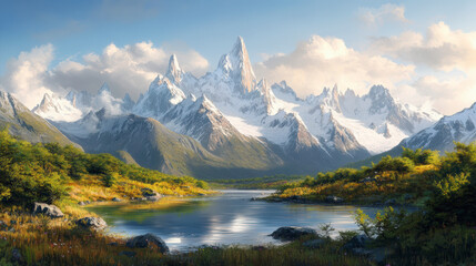 Spectacular snow-capped mountain range reflected in the calm waters of a serene lake, surrounded by lush green vegetation under a partly cloudy sky.