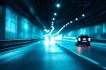 Fototapeta premium Car driving through a lit tunnel at night, abstract blur, long exposure