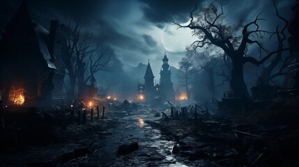 Spooky cemetery landscape with old tombstones and fog. Full moon spooky horror landscape.