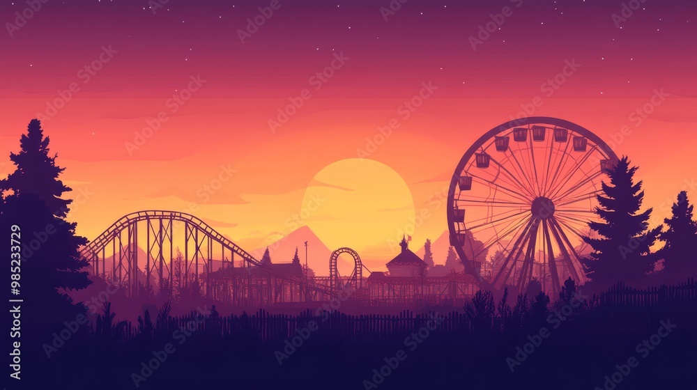 Sticker silhouettes of a ferris wheel and roller coaster at sunset.