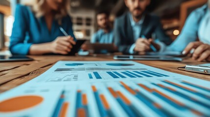 Obraz premium Sales growth strategy with a team analyzing sales data, professional setting, sharp focus, high detail