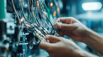 A close-up of hands working on intricate wiring in an electronic or electrical system, showcasing technical skills and expertise in the field of electronics.