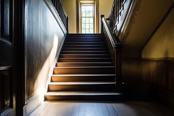 Obraz premium Sunlit Wooden Staircase in an Old Building Interior