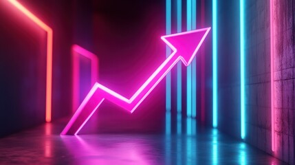 A neon arrow pointing upwards in a dark corridor, symbolizing growth and progress.
