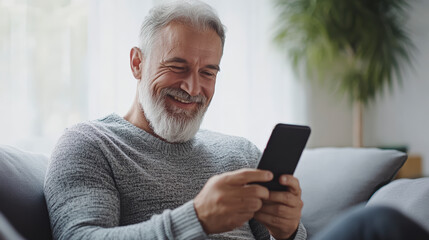 A bearded man with a gray sweater sits on a couch, smiling as he looks at his smartphone, enjoying a relaxing moment at home.