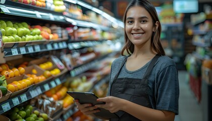 Cheerful female store owner using digital tablet in grocery.