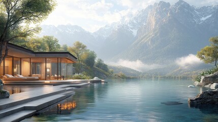 Naklejka premium Scenic lakeside view with mountains, modern architecture, and tranquility.