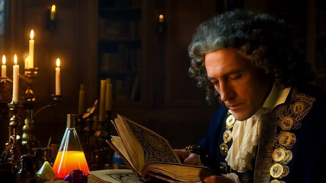 Isaac Newton, surrounded by ancient alchemical symbols and mysterious objects,