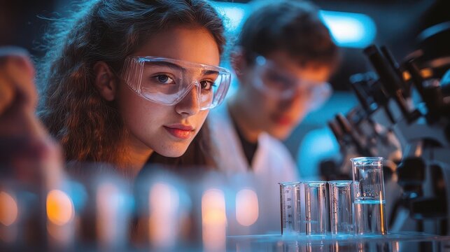 Science lab with students conducting experiments, hands-on learning, sharp focus, bright lighting, high detail