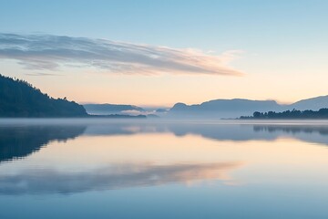 Misty Morning over Still Lake with Mountain Silhouette