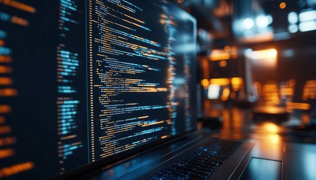 Software coding with lines of code displayed on screens, tech-savvy style, sharp focus, high detail, bright lighting