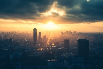 Fototapeta premium Aerial View of City Skyline at Sunset