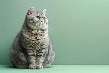 Obraz premium Overweight cat looking to side on beige background.