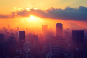 Fototapeta premium Silhouette City Skyline Sunset with Dramatic Orange and Purple Sky