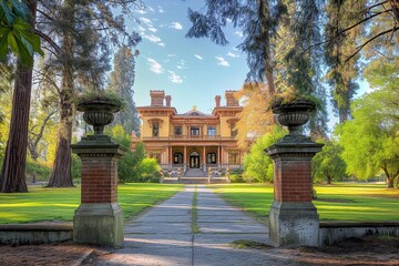 Obraz premium Luxury mansion in Chico, California. Historic American landmark with beautiful architecture. Sunny yard with light rays and beam. Beautiful view of ancient house with famous history.
