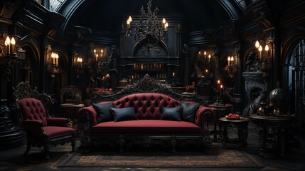 Victorian Vampire's Lair with rich velvet upholstery, Gothic decor, and a dark, vampiric ambiance. Victorian vampire's lair home decor. Template. Halloween gothic vampire dark living room