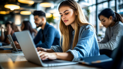 Woman Working on Laptop in Office Setting - Realistic Photo
