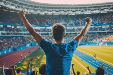 Vibrant scene of a stadium filled with cheering fans. A man in blue shirt and yellow shorts raises arms in celebration, smiling directly at the camera. Excitement and joy radiate from the atmosphere.