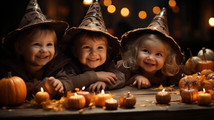 Fototapeta premium Witchy faces: happy kids at a halloween pumpkin party
