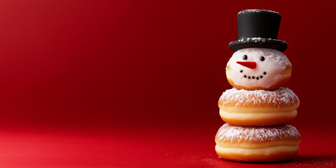 Snowman made of three donuts wearing a black hat is standing on a red background for christmas celebration with copy space