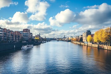 Obraz premium Scenic view of a river flowing through a city with buildings and trees on both sides