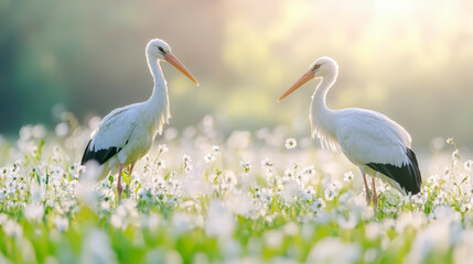 Fototapeta premium Two white storks stand elegantly amidst a field of blooming white flowers, bathed in soft sunlight creating a serene and tranquil atmosphere.