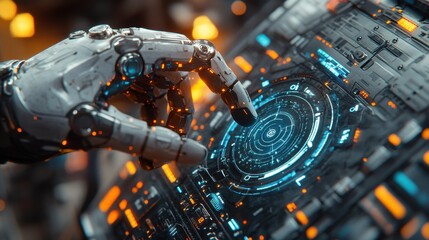 Fototapeta premium artificial elligence ai machine learning and modern computer technologies concepts robot pressing button on virtual screenrender