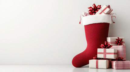 A festive Christmas stocking overflowing with wrapped gifts, alongside a stack of neatly wrapped presents, all adorned with red ribbons and bows.