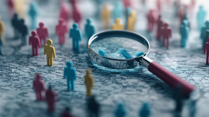 A magnifying glass hovers over a map with various colored human figurines, symbolizing the focus on population demographics and data analysis.