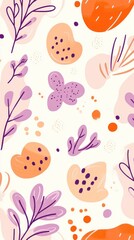 A colorful abstract pattern featuring flowers, leaves, and shapes in various hues.