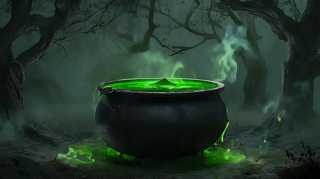 Dark forest potion brewing with eerie mist and green liquid