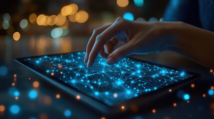 business technology ernet and network concept business man working on the tablet of the future select on the virtual display demand