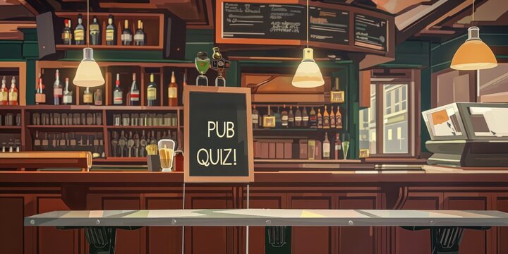 Vintage pub interior scene with wooden bar counter hosting beer bottles in various colors. Chalkboard displays PUB QUIZ text on left side, window on right offers natural view of outside world.