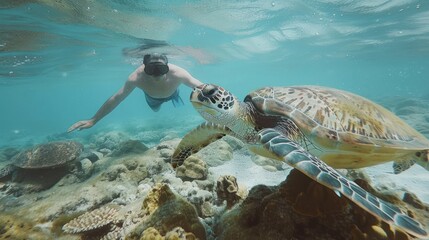 Naklejka premium Man Snorkeling with Sea Turtle in Crystal Clear Water