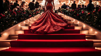 Red Carpet Staircase with a Woman in a Sparkling Dress - Photo © Siasart Stock