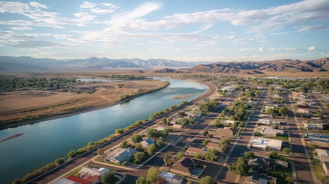 Aerial view of Bullhead City in Arizona, USA. Colorado River flows in the background. Residential homes and trees are visible in the foreground. Scenic and beautiful scenery of outdoors.