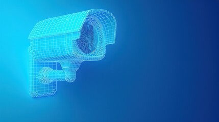 Wireframe Mesh of a CCTV Security Camera on a Blue Background – Low Polygon Design