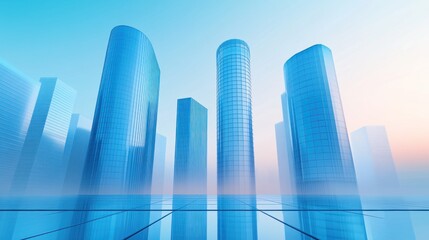 Fototapeta premium A futuristic cityscape featuring tall, glass skyscrapers in a serene atmosphere.
